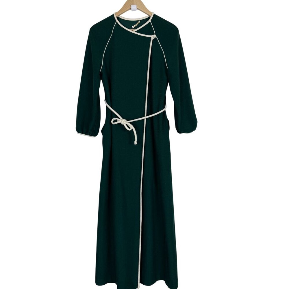 Vtg Vassarette Juniors Green Velour Robe Dressing Gown Sz 9 White Trim Belted